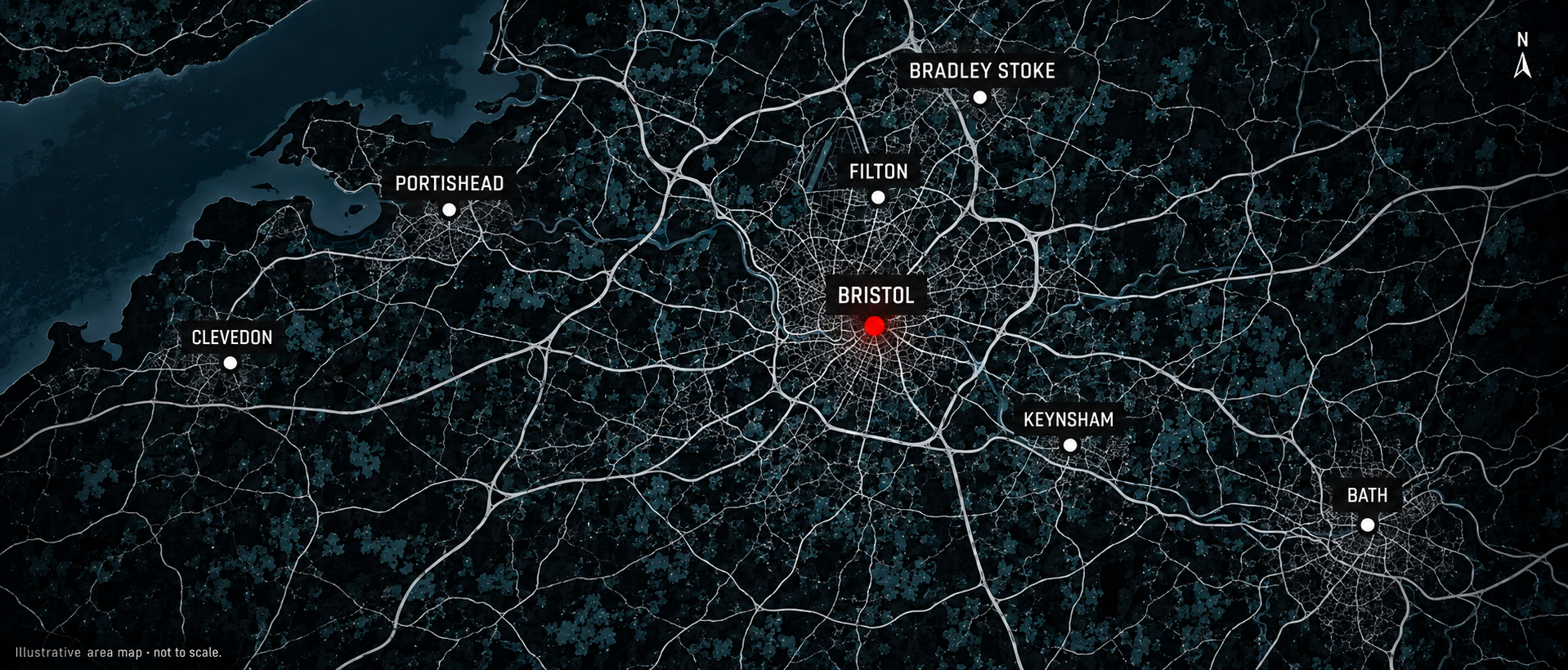 Illustrative Bristol area map showing Bath, Keynsham, Portishead, Clevedon, Filton and Bradley Stoke.