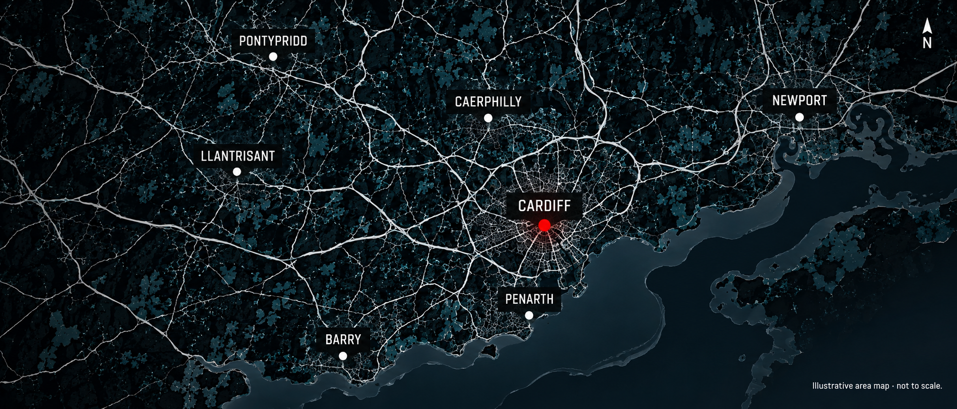 Illustrative Cardiff area map showing Penarth, Barry, Caerphilly, Pontypridd, Llantrisant and Newport.