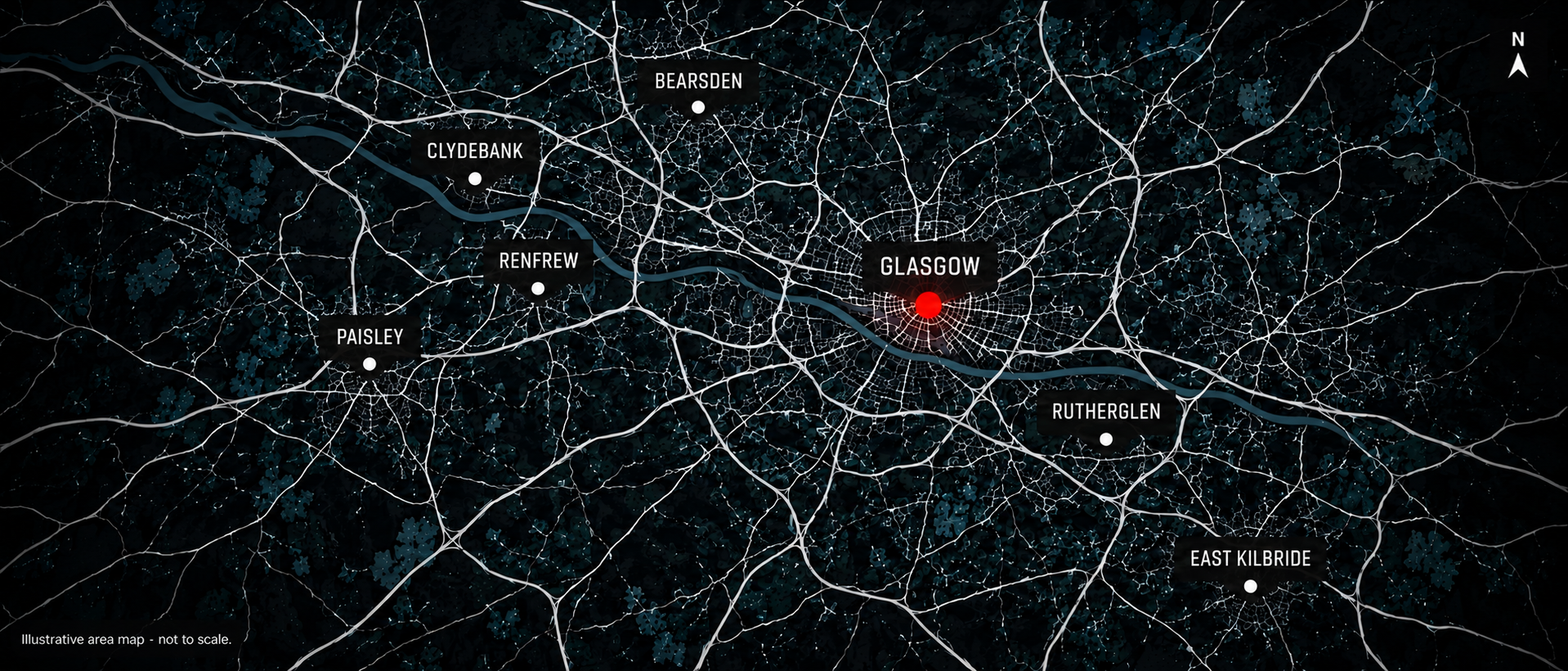 Illustrative Glasgow area map showing Paisley, Renfrew, Clydebank, Bearsden, Rutherglen and East Kilbride.