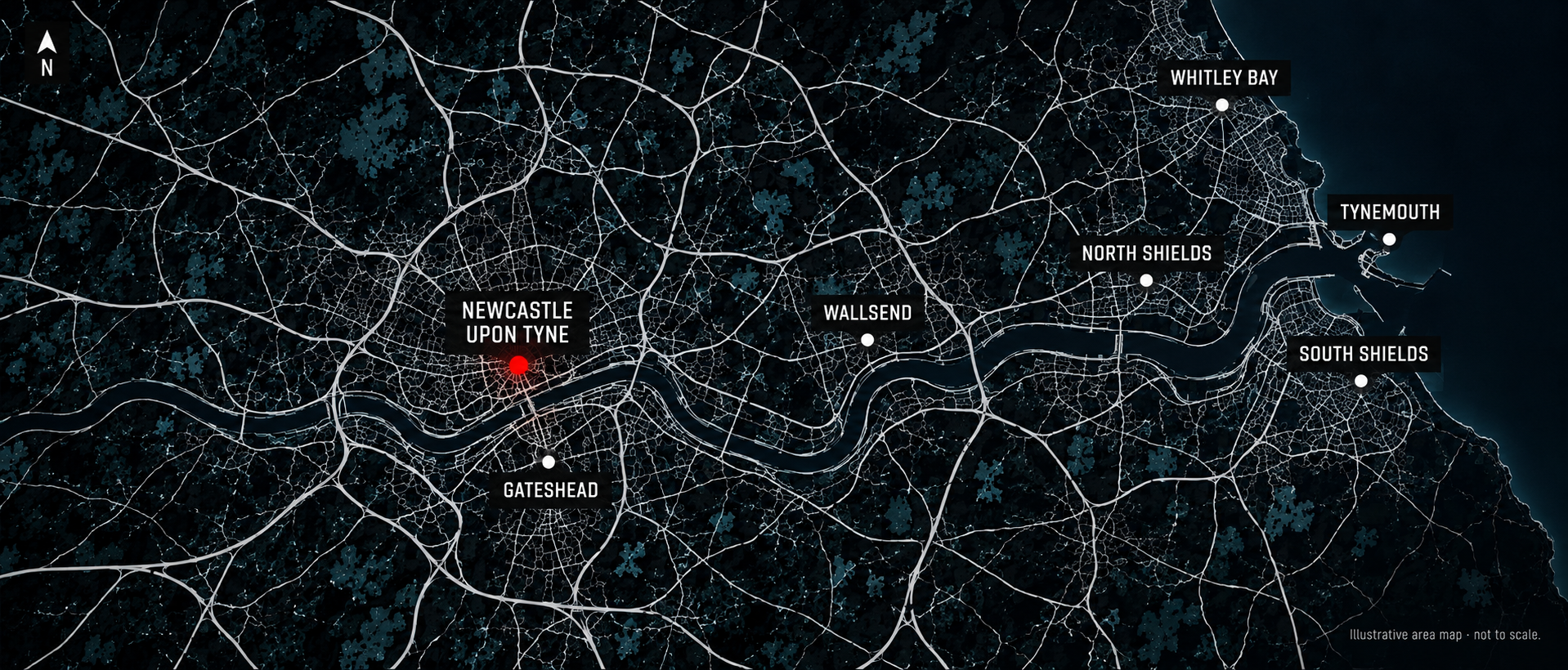 Illustrative Newcastle upon Tyne area map showing Gateshead, Wallsend, North Shields, South Shields, Tynemouth and Whitley Bay.