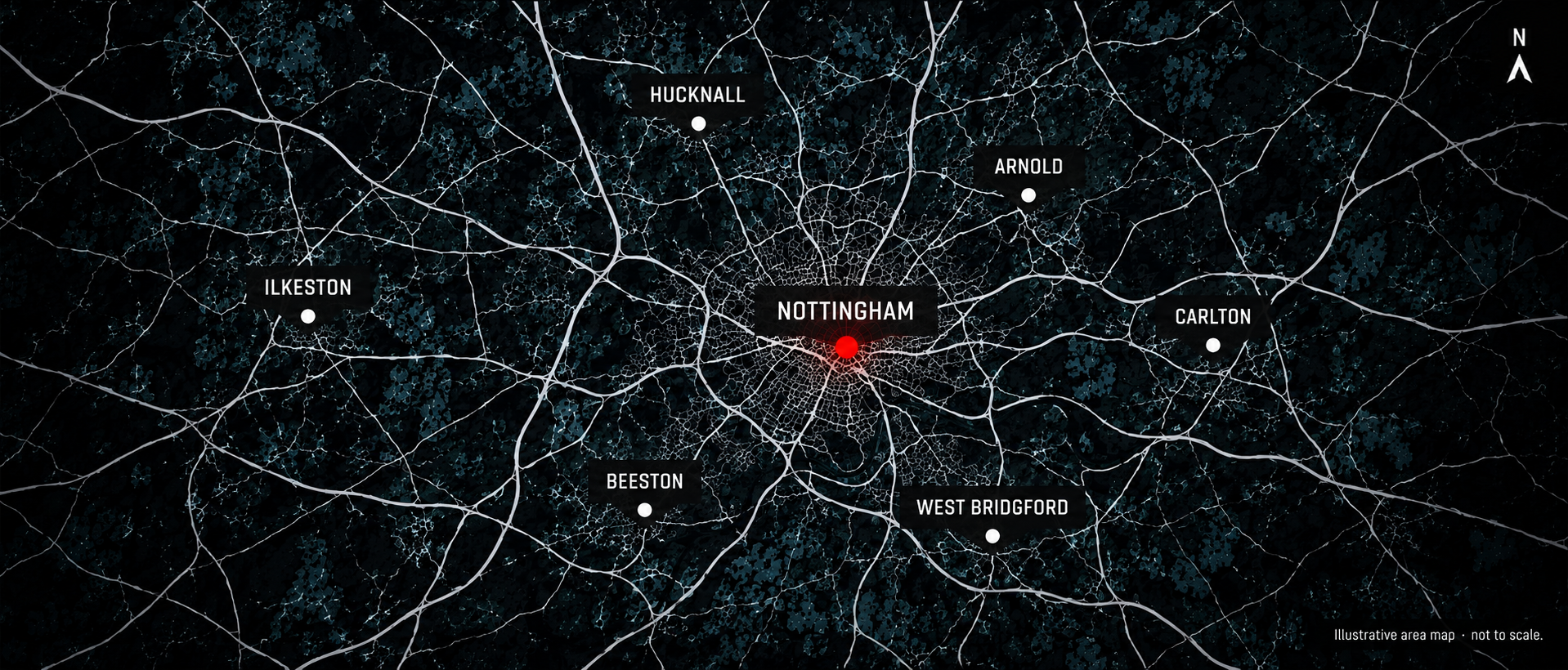 Illustrative Nottingham area map showing Hucknall, Arnold, Ilkeston, Beeston, Carlton and West Bridgford.